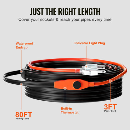 Pipe Heating Cable, 80FT 7W/FT Heat Tape for Pipes with Built-in Thermostat, Water Pipe Heat Cable Protects PVC Hose, Metal and Plastic Pipe from Freezing