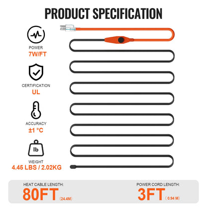 Pipe Heating Cable, 80FT 7W/FT Heat Tape for Pipes with Built-in Thermostat, Water Pipe Heat Cable Protects PVC Hose, Metal and Plastic Pipe from Freezing