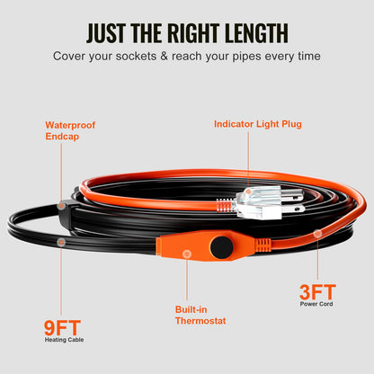 Pipe Heating Cable, 9FT 7W/FT Heat Tape for Pipes with Built-in Thermostat, Water Pipe Heat Cable Protects PVC Hose, Metal and Plastic Pipe from Freezing