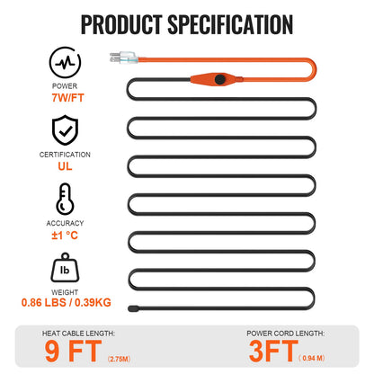 Pipe Heating Cable, 9FT 7W/FT Heat Tape for Pipes with Built-in Thermostat, Water Pipe Heat Cable Protects PVC Hose, Metal and Plastic Pipe from Freezing