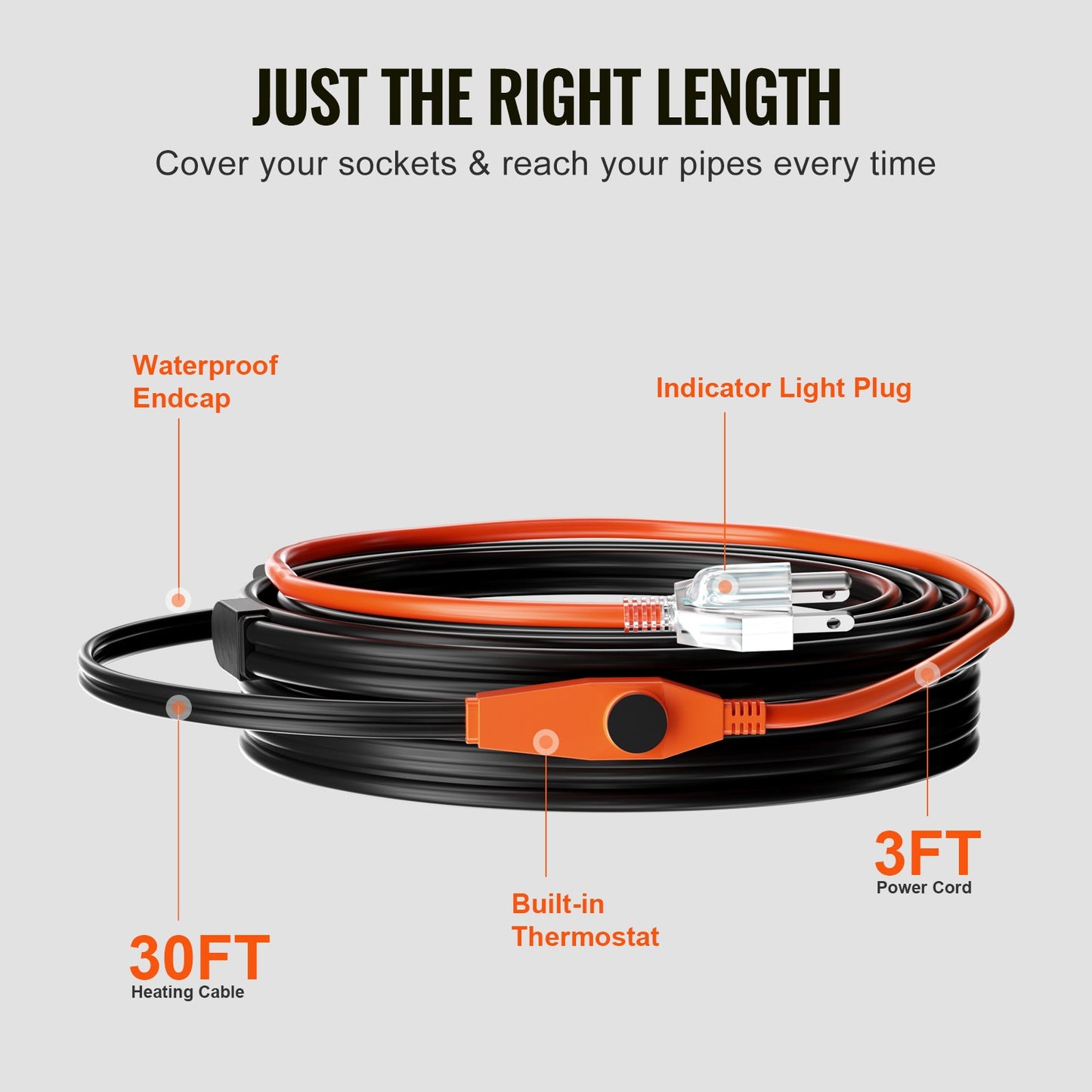 Pipe Heating Cable, 30FT 7W/FT Heat Tape for Pipes with Built-in Thermostat, Water Pipe Heat Cable Protects PVC Hose, Metal and Plastic Pipe from Freezing