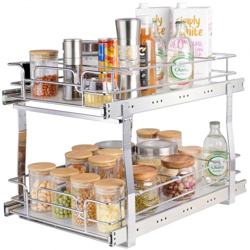 2 Tier 14"Wx21"Dx15"H Pull Out Cabinet Organizer, Heavy Duty Slide Out Pantry Shelves, Steel Roll Out Drawers, Sliding Drawer Storage for Home, 15.5"Wx22"Dx18"H Install Size for Cabinet