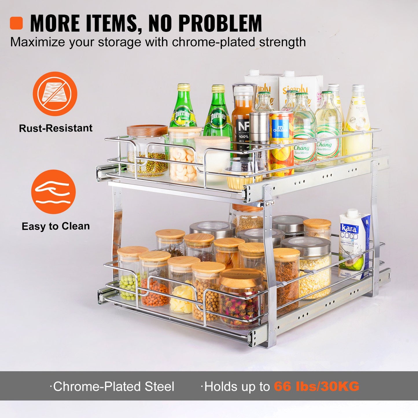 2 Tier 17"Wx21"Dx15"H Pull Out Cabinet Organizer, Heavy Duty Slide Out Pantry Shelves, Steel Roll Out Drawers, Sliding Drawer Storage for Home, 18.5"Wx22"Dx18"H Install Size for Cabinet