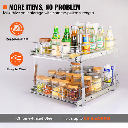 2 Tier 17"Wx21"Dx15"H Pull Out Cabinet Organizer, Heavy Duty Slide Out Pantry Shelves, Steel Roll Out Drawers, Sliding Drawer Storage for Home, 18.5"Wx22"Dx18"H Install Size for Cabinet