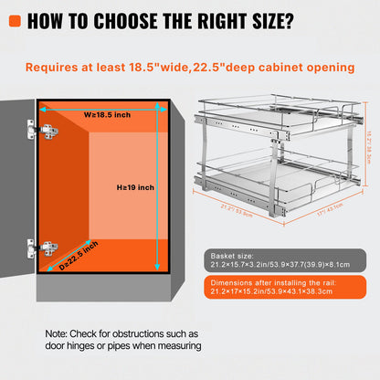 2 Tier 17"Wx21"Dx15"H Pull Out Cabinet Organizer, Heavy Duty Slide Out Pantry Shelves, Steel Roll Out Drawers, Sliding Drawer Storage for Home, 18.5"Wx22"Dx18"H Install Size for Cabinet