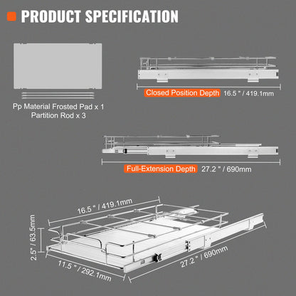 Ausziehbarer Schrank (30,5 cm B x 43,2 cm T), robuste ausziehbare Vorratsregale, ausziehbare Schubladen aus verchromtem Stahl, Schiebeaufbewahrung für Zuhause, im Küchenschrank, im Badezimmer, unter der Spüle