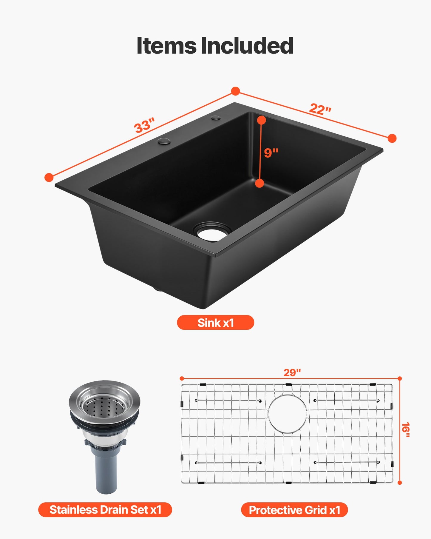 33 inch Kitchen Sink Workstation, Top Mount Granite Sinks, Drop-In Single Bowl Farmhouse Basin with Multiple Accessories, Household Dishwasher Sinks for RV, Prep Kitchen, and Bar (Black)