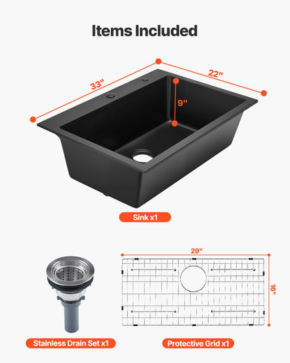 33 inch Kitchen Sink Workstation, Top Mount Granite Sinks, Drop-In Single Bowl Farmhouse Basin with Multiple Accessories, Household Dishwasher Sinks for RV, Prep Kitchen, and Bar (Black)