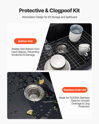 33 inch Kitchen Sink Workstation, Top Mount Granite Sinks, Drop-In Single Bowl Farmhouse Basin with Multiple Accessories, Household Dishwasher Sinks for RV, Prep Kitchen, and Bar (Black)