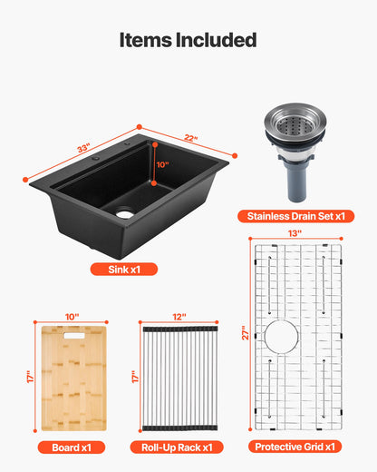 33 inch Kitchen Sink Workstation, Top Mount Granite Sinks, Drop-In Single Bowl Farmhouse Basin with Multiple Accessories, Household Dishwasher Sink for RV, Prep Kitchen, and Bar (Black)