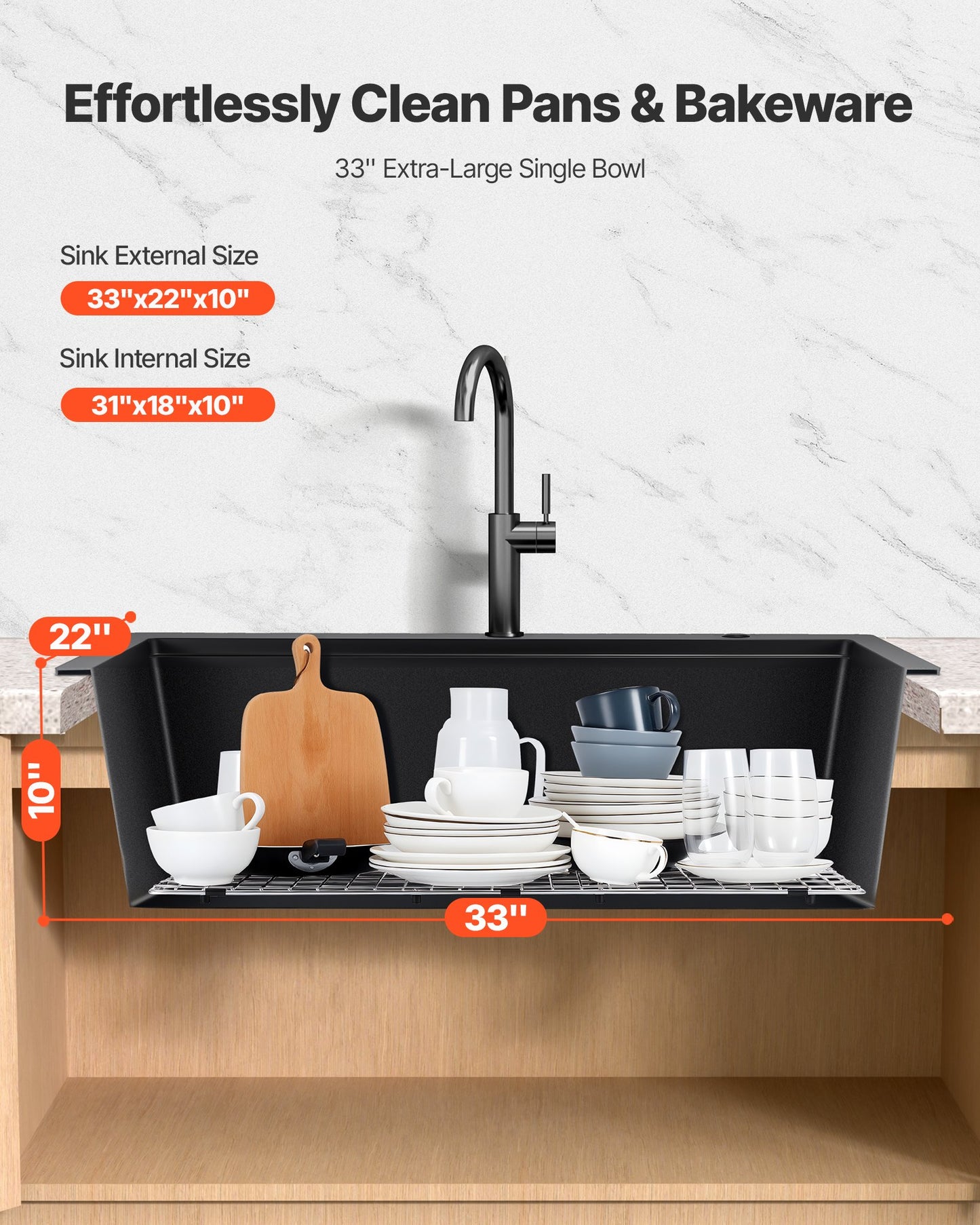 33 inch Kitchen Sink Workstation, Top Mount Granite Sinks, Drop-In Single Bowl Farmhouse Basin with Multiple Accessories, Household Dishwasher Sink for RV, Prep Kitchen, and Bar (Black)