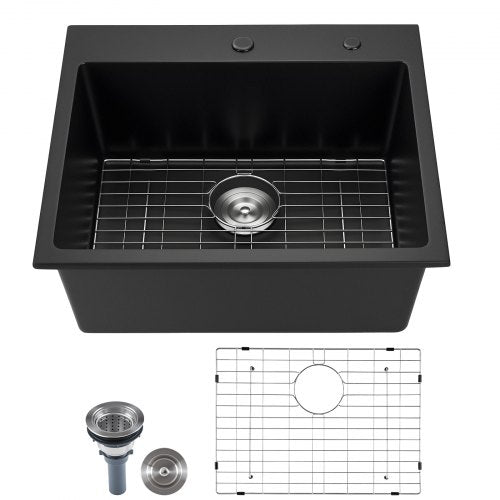 25 inch Kitchen Sink Workstation, Top Mount Granite Sinks, Drop-In Single Bowl Farmhouse Basin with Multiple Accessories, Household Dishwasher Sinks for RV, Prep Kitchen, and Bar (Black)