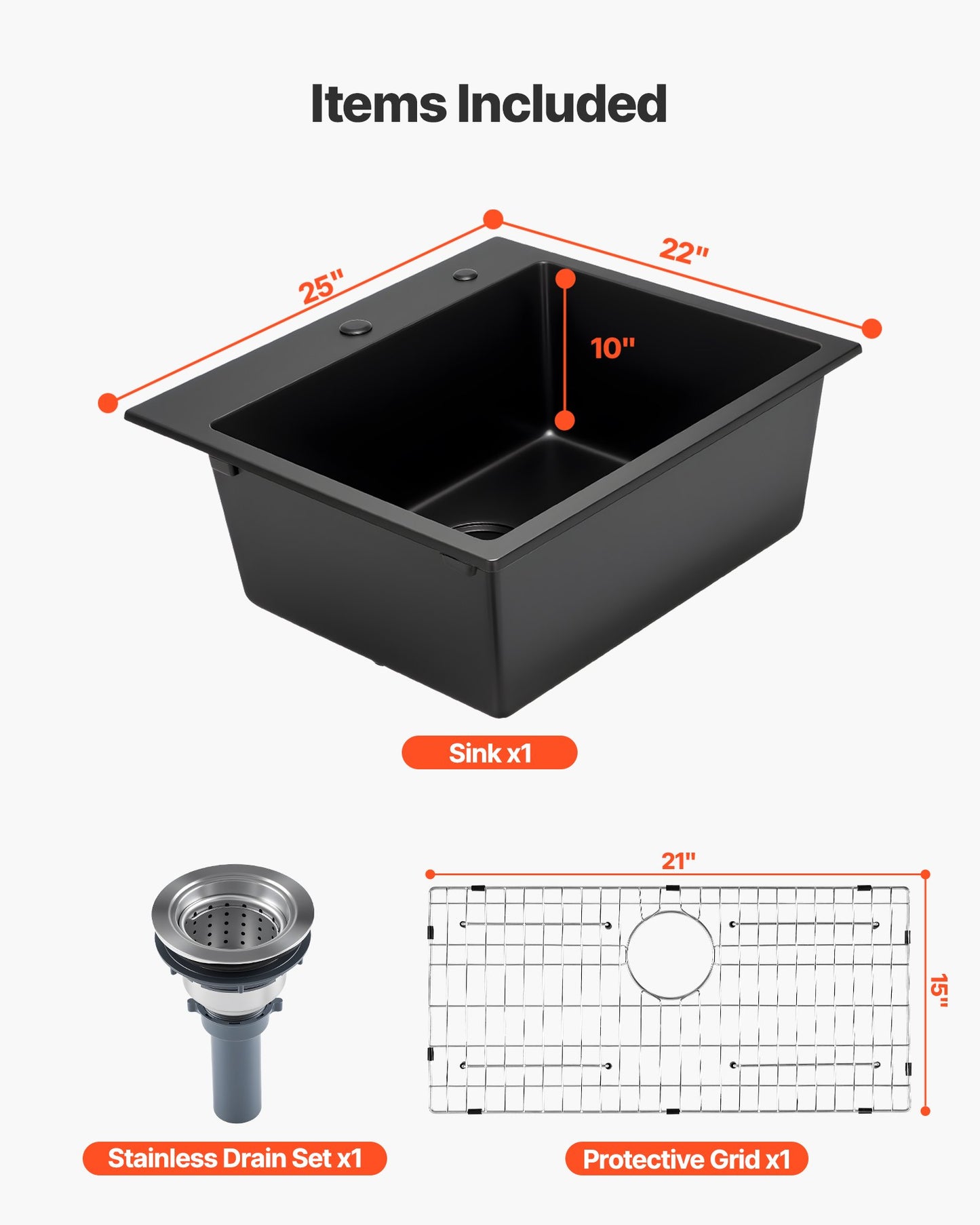 25 inch Kitchen Sink Workstation, Top Mount Granite Sinks, Drop-In Single Bowl Farmhouse Basin with Multiple Accessories, Household Dishwasher Sinks for RV, Prep Kitchen, and Bar (Black)
