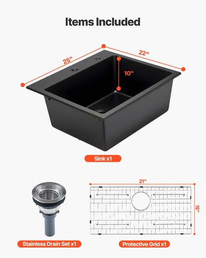 25 inch Kitchen Sink Workstation, Top Mount Granite Sinks, Drop-In Single Bowl Farmhouse Basin with Multiple Accessories, Household Dishwasher Sinks for RV, Prep Kitchen, and Bar (Black)