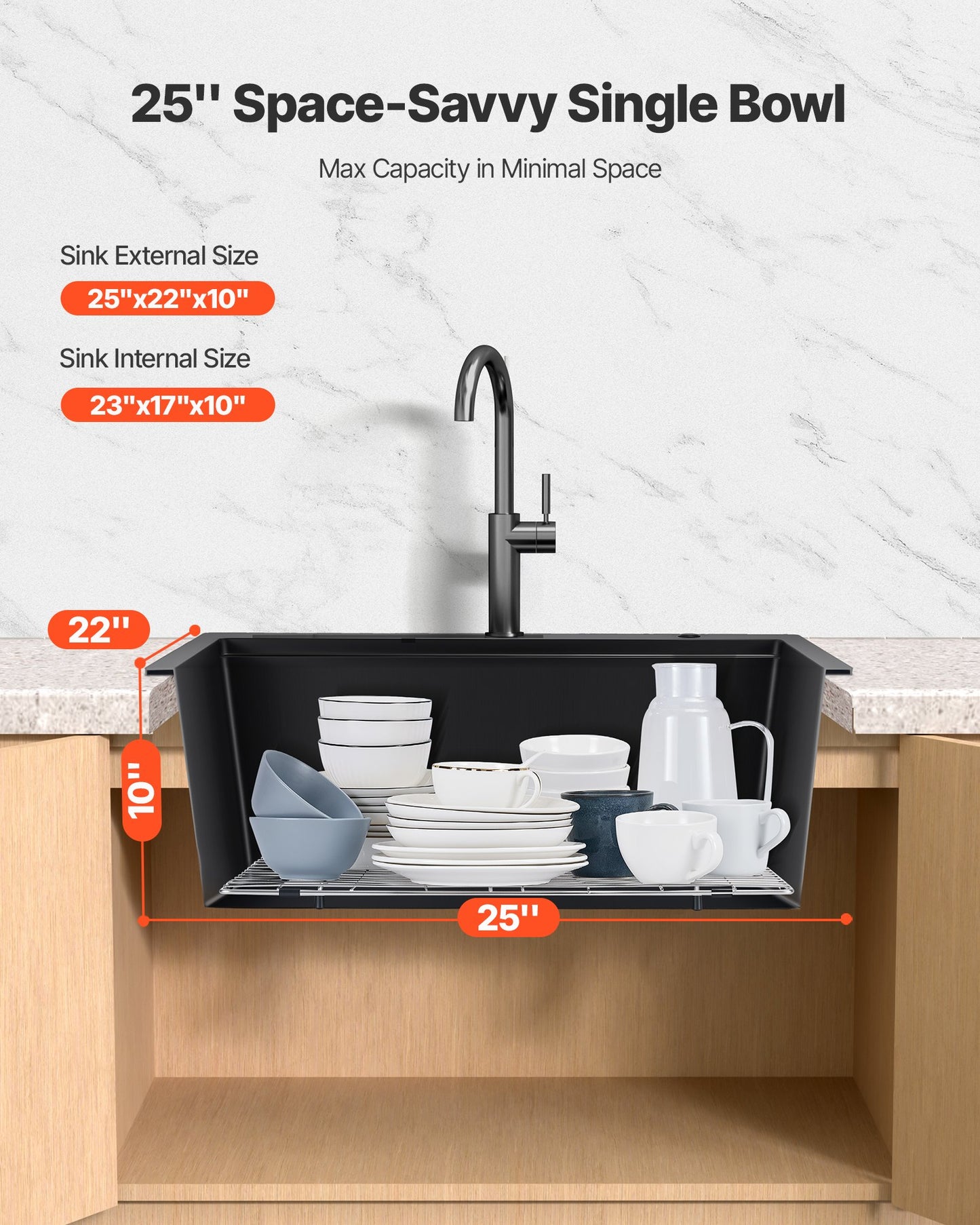 25 inch Kitchen Sink Workstation, Top Mount Granite Sinks, Drop-In Single Bowl Farmhouse Basin with Multiple Accessories, Household Dishwasher Sinks for RV, Prep Kitchen, and Bar (Black)