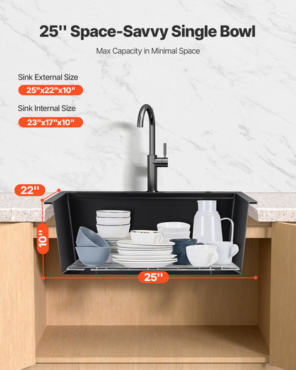 25 inch Kitchen Sink Workstation, Top Mount Granite Sinks, Drop-In Single Bowl Farmhouse Basin with Multiple Accessories, Household Dishwasher Sinks for RV, Prep Kitchen, and Bar (Black)