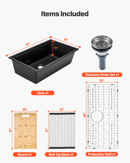 33 inch Kitchen Sink Workstation, Undermount Granite Sink, Drop-In Single Bowl Farmhouse Basin with Multiple Accessories, Household Dishwasher Sinks for RV, Prep Kitchen, and Bar (Black)