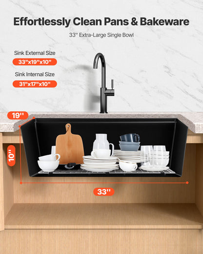 33 inch Kitchen Sink Workstation, Undermount Granite Sink, Drop-In Single Bowl Farmhouse Basin with Multiple Accessories, Household Dishwasher Sinks for RV, Prep Kitchen, and Bar (Black)