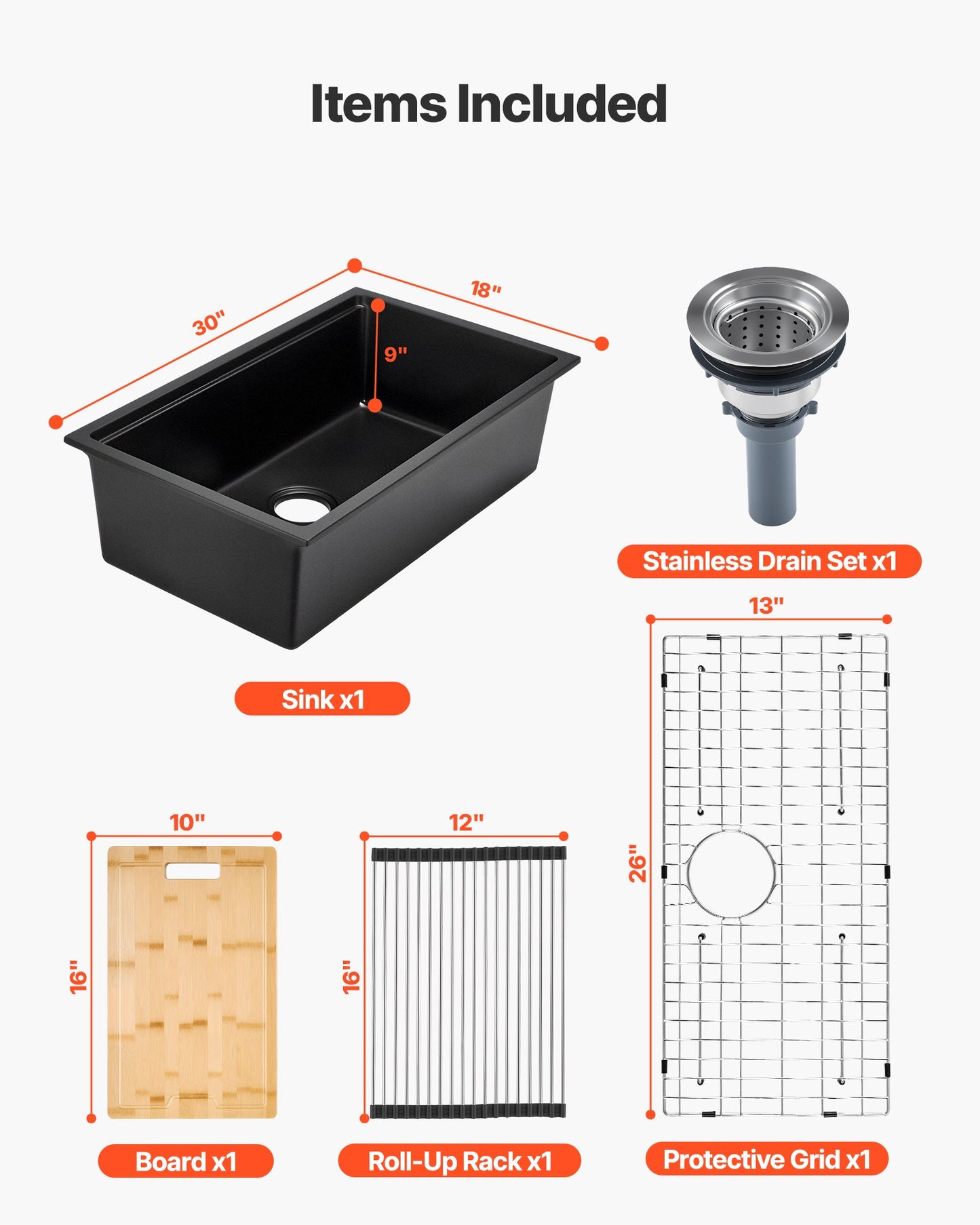 30 inch Kitchen Sink Workstation, Undermount Granite Sink, Drop-In Single Bowl Farmhouse Basin with Multiple Accessories, Household Dishwasher Sinks for RV, Prep Kitchen, and Bar (Black)