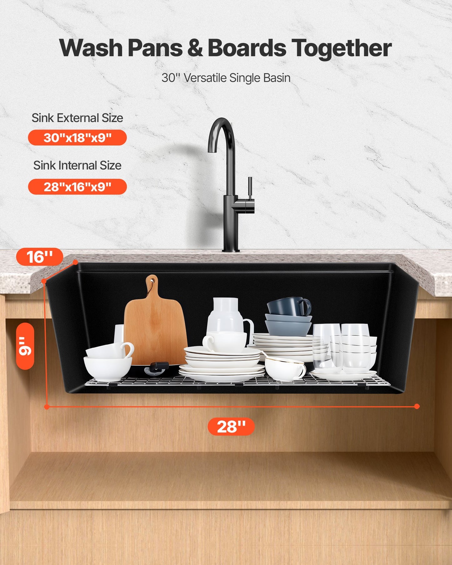 30 inch Kitchen Sink Workstation, Undermount Granite Sink, Drop-In Single Bowl Farmhouse Basin with Multiple Accessories, Household Dishwasher Sinks for RV, Prep Kitchen, and Bar (Black)