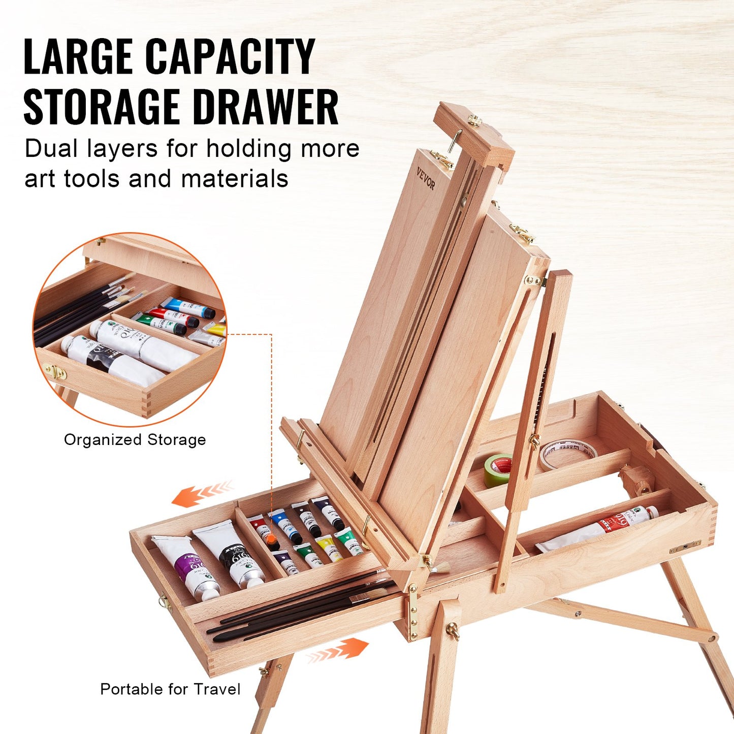 French Easel Hold Canvas to 34" Beechwood Foldable Sketchbox Easel Box