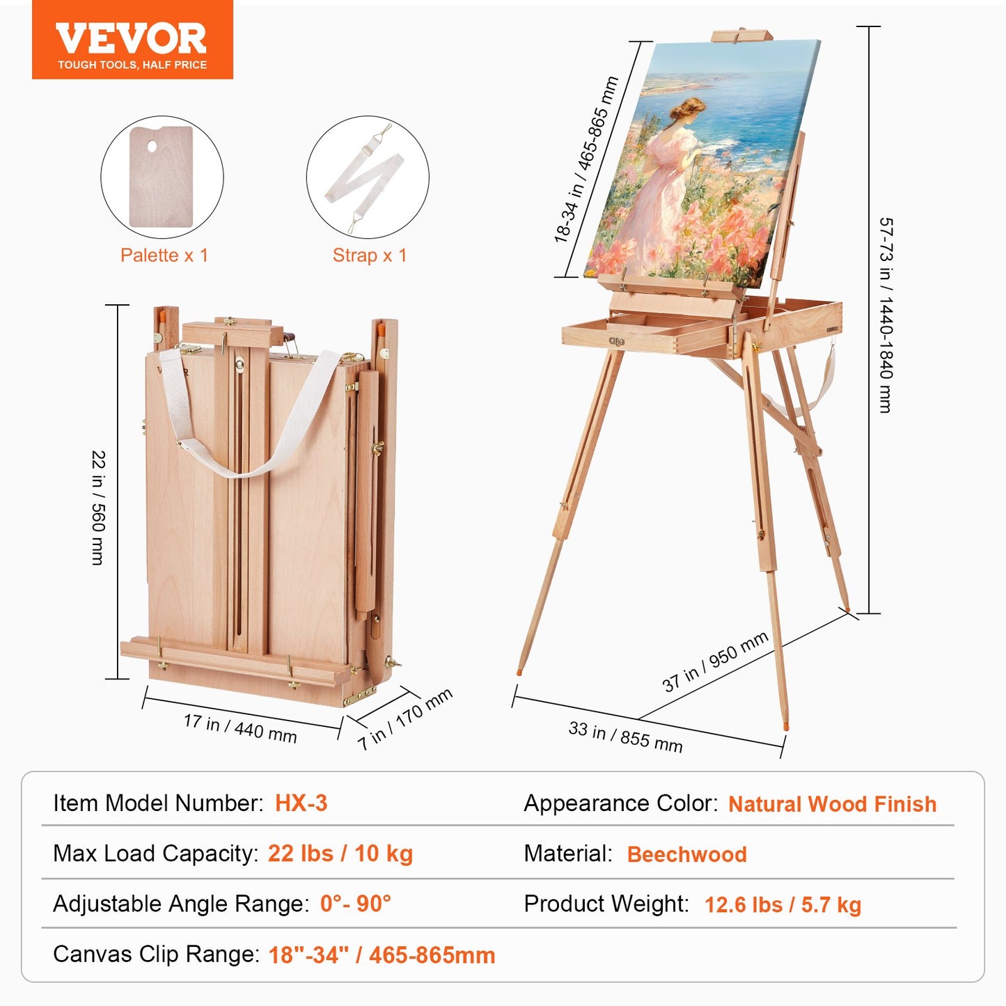 French Easel Hold Canvas to 34" Beechwood Foldable Sketchbox Easel Box