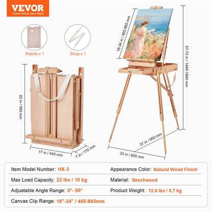 French Easel Hold Canvas to 34" Beechwood Foldable Sketchbox Easel Box