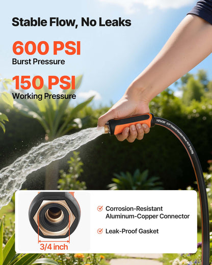 Garden Hose, 100 ft 5/8" Heavy Duty 4-Layer Rubber Water Hose, 150PSI Working & 600PSI Burst, Flexible & Non-kink Outdoor Waterhose with 3/4" Fitting, Lightweight Hoses for Gardening Cleaning