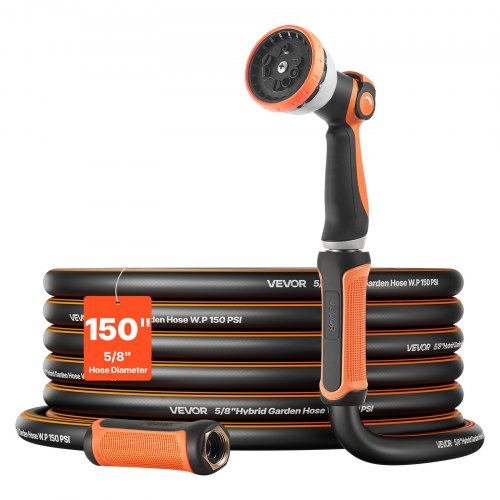 Garden Hose, 150 ft 5/8" Heavy Duty Rubber Water Hose with 10 Mode Nozzle, 150PSI Working & 600PSI Burst, Flexible & Non-kink Outdoor Waterhose with 3/4" Fitting, Lightweight Hoses for Gardening