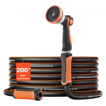 Garden Hose, 200 ft 5/8" Heavy Duty Rubber Water Hose with 10 Mode Nozzle, 150PSI Working & 600PSI Burst, Flexible & Non-kink Outdoor Waterhose with 3/4" Fitting, Lightweight Hoses for Gardening