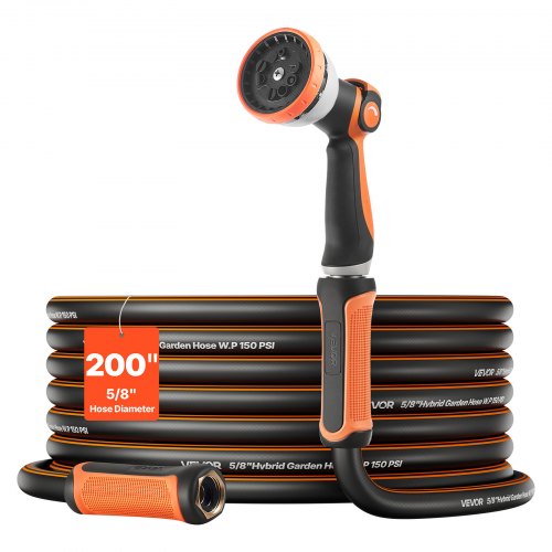 Garden Hose, 200 ft 5/8" Heavy Duty Rubber Water Hose with 10 Mode Nozzle, 150PSI Working & 600PSI Burst, Flexible & Non-kink Outdoor Waterhose with 3/4" Fitting, Lightweight Hoses for Gardening
