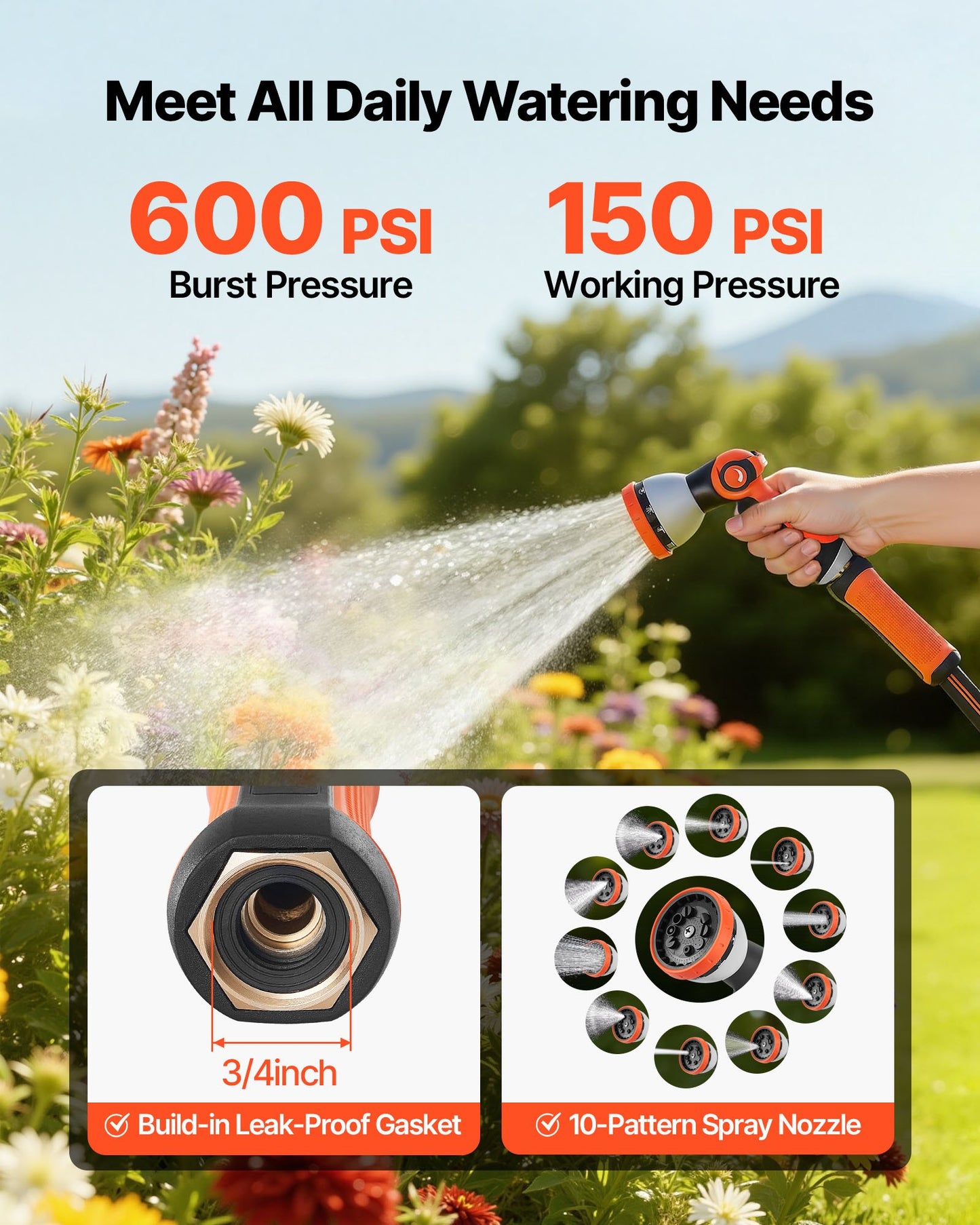 Garden Hose, 200 ft 5/8" Heavy Duty Rubber Water Hose with 10 Mode Nozzle, 150PSI Working & 600PSI Burst, Flexible & Non-kink Outdoor Waterhose with 3/4" Fitting, Lightweight Hoses for Gardening