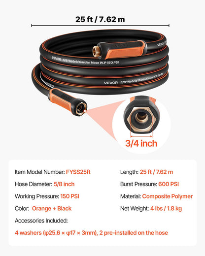 Garden Hose, 25 ft 5/8" Heavy Duty 4-Layer Rubber Water Hose, 150PSI Working & 600PSI Burst, Flexible & Non-kink Outdoor Waterhose with 3/4" Fitting, Lightweight Hoses for Gardening Cleaning