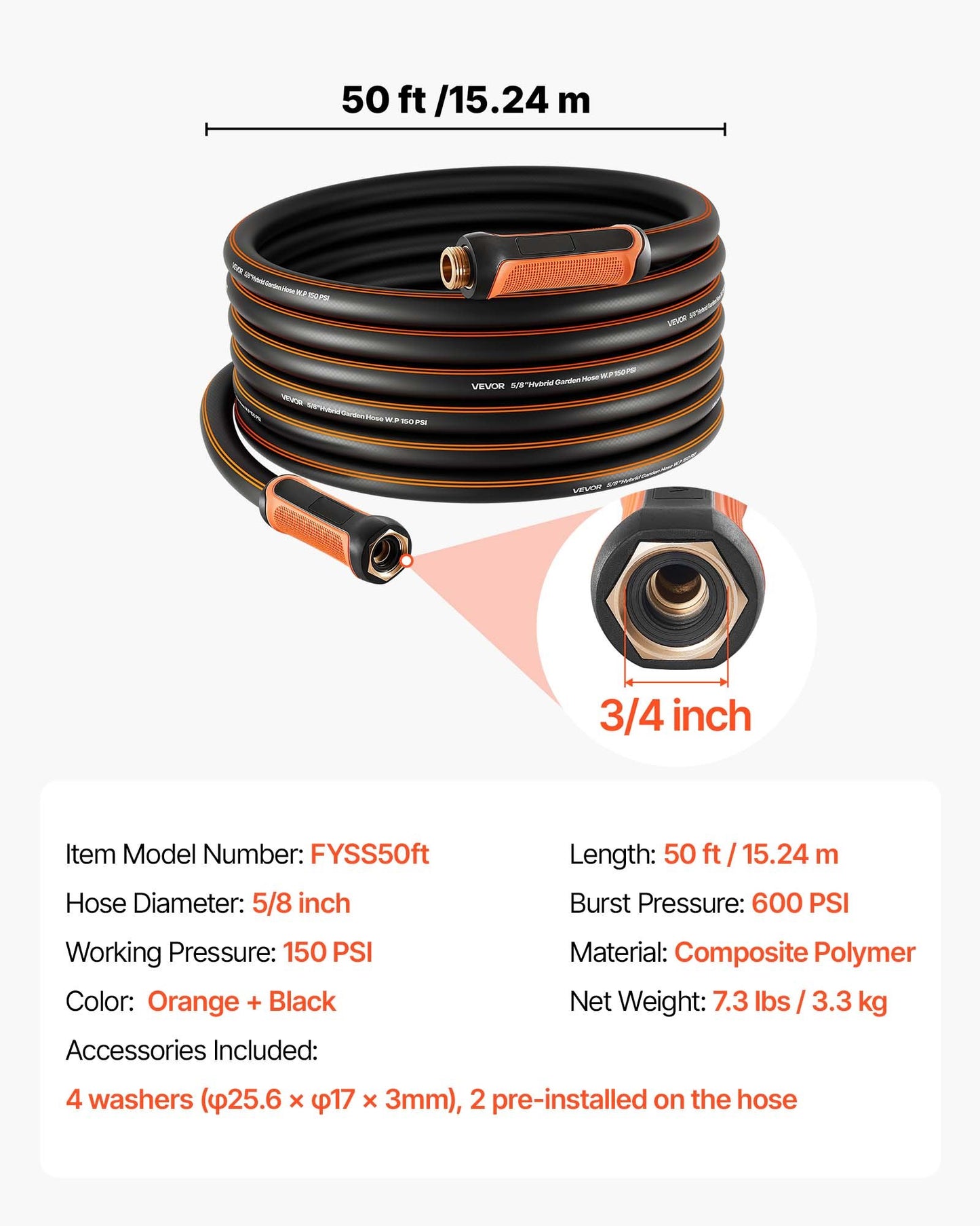 Garden Hose, 50 ft 5/8" Heavy Duty 4-Layer Rubber Water Hose, 150PSI Working & 600PSI Burst, Flexible & Non-kink Outdoor Waterhose with 3/4" Fitting, Lightweight Hoses for Gardening Cleaning