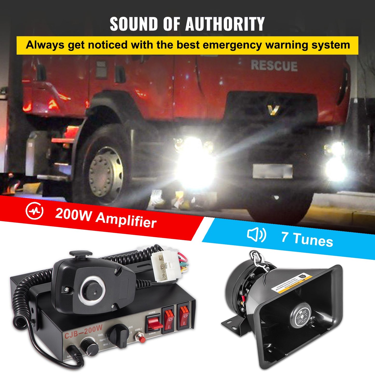 200W Car Warning Alarm Vehicle 7 Sounds Loud Warning Alarm Kit MIC System Emergency Fire Siren PA Speaker