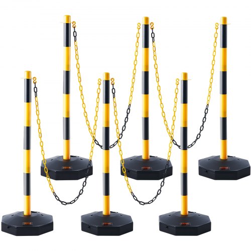 Adjustable Traffic Delineator Post Cones, 6 Pack, Traffic Safety Delineator Barrier with Fillable Base 8FT Chain, for Traffic Control Warning Parking Lot Construction Caution Roads, Yellow&Black