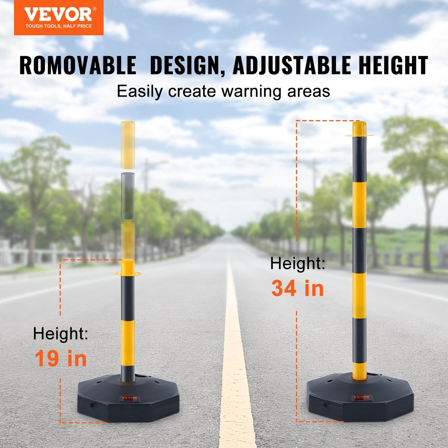 Adjustable Traffic Delineator Post Cones, 6-Pack, Traffic Safety Delineator Barrier with Fillable Base 8FT Chain, for Traffic Control Warning Parking Lot Construction Warning Roads, Yellow&amp;Black