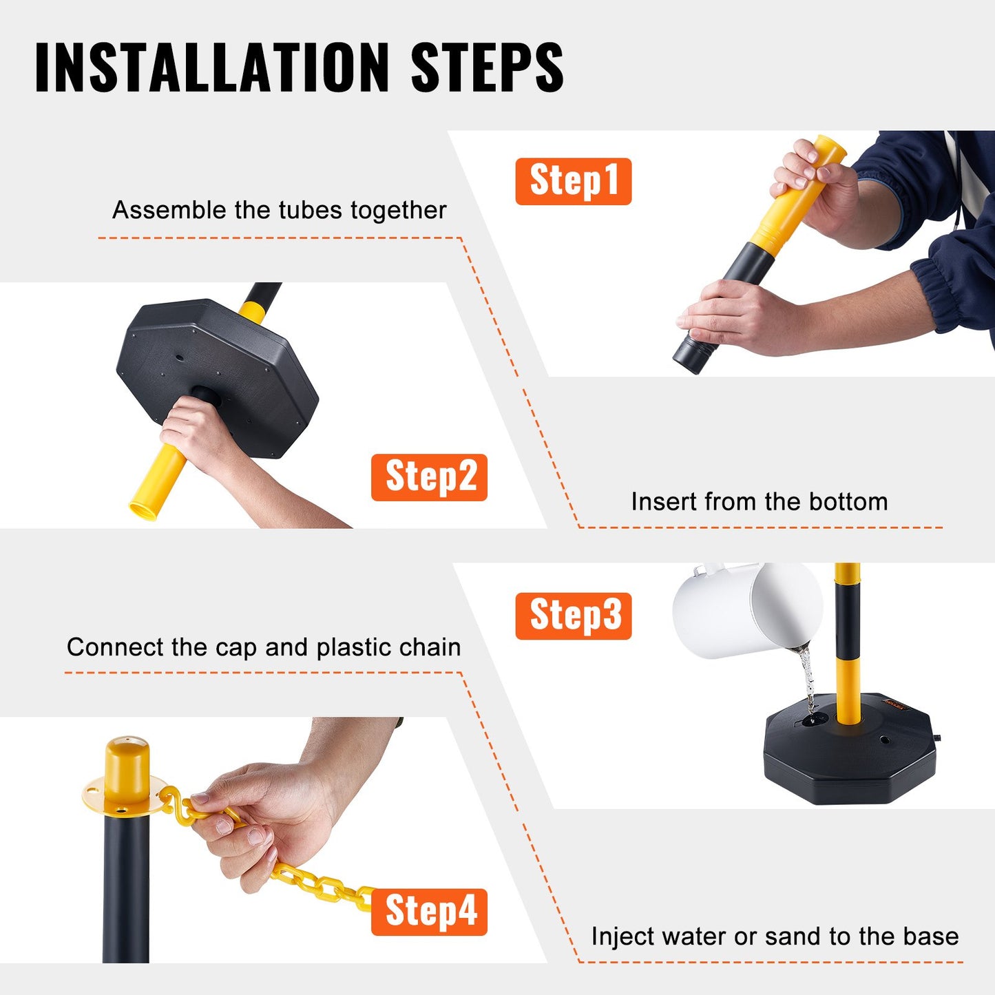 Adjustable Traffic Delineator Post Cones, 6-Pack, Traffic Safety Delineator Barrier with Fillable Base 8FT Chain, for Traffic Control Warning Parking Lot Construction Warning Roads, Yellow&amp;Black