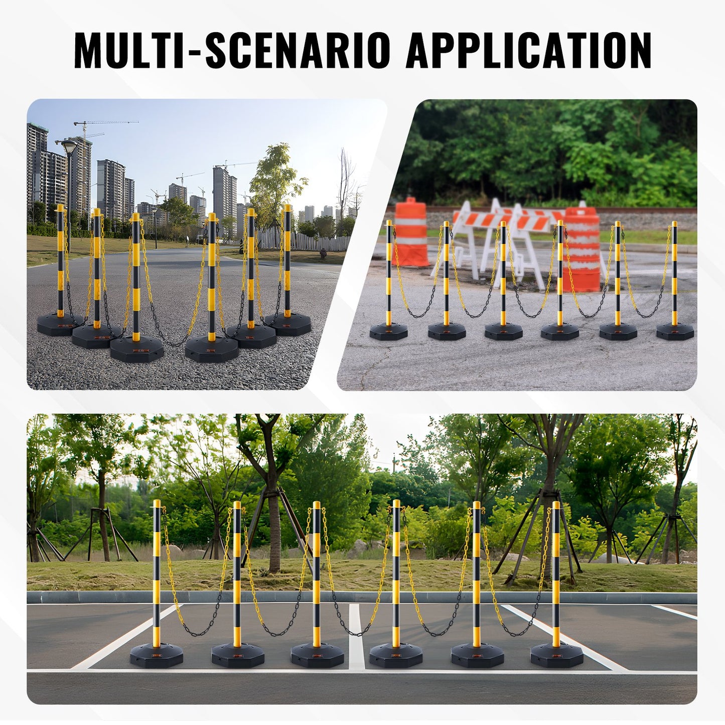 Adjustable Traffic Delineator Post Cones, 6-Pack, Traffic Safety Delineator Barrier with Fillable Base 8FT Chain, for Traffic Control Warning Parking Lot Construction Warning Roads, Yellow&amp;Black