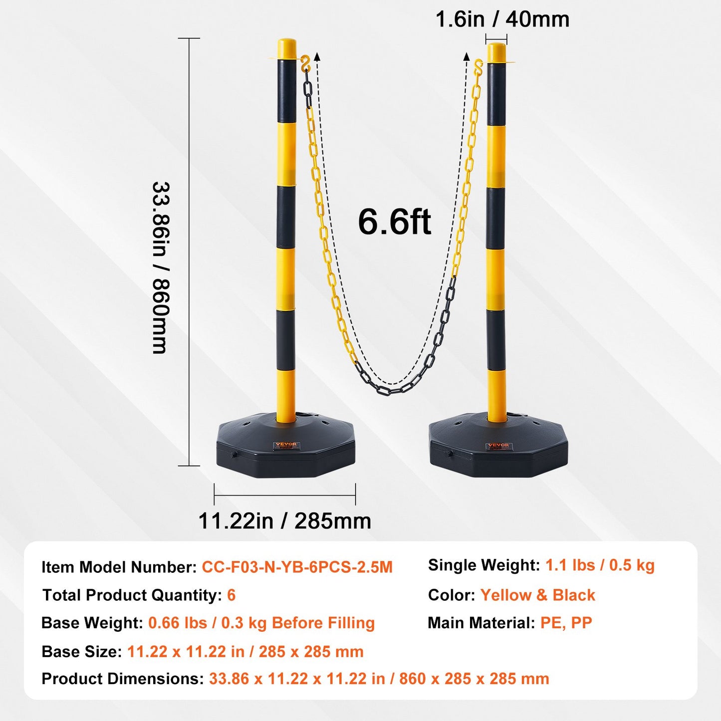 Adjustable Traffic Delineator Post Cones, 6-Pack, Traffic Safety Delineator Barrier with Fillable Base 8FT Chain, for Traffic Control Warning Parking Lot Construction Warning Roads, Yellow&amp;Black
