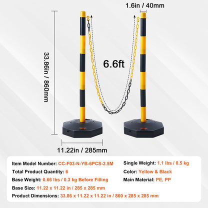 Adjustable Traffic Delineator Post Cones, 6-Pack, Traffic Safety Delineator Barrier with Fillable Base 8FT Chain, for Traffic Control Warning Parking Lot Construction Warning Roads, Yellow&amp;Black