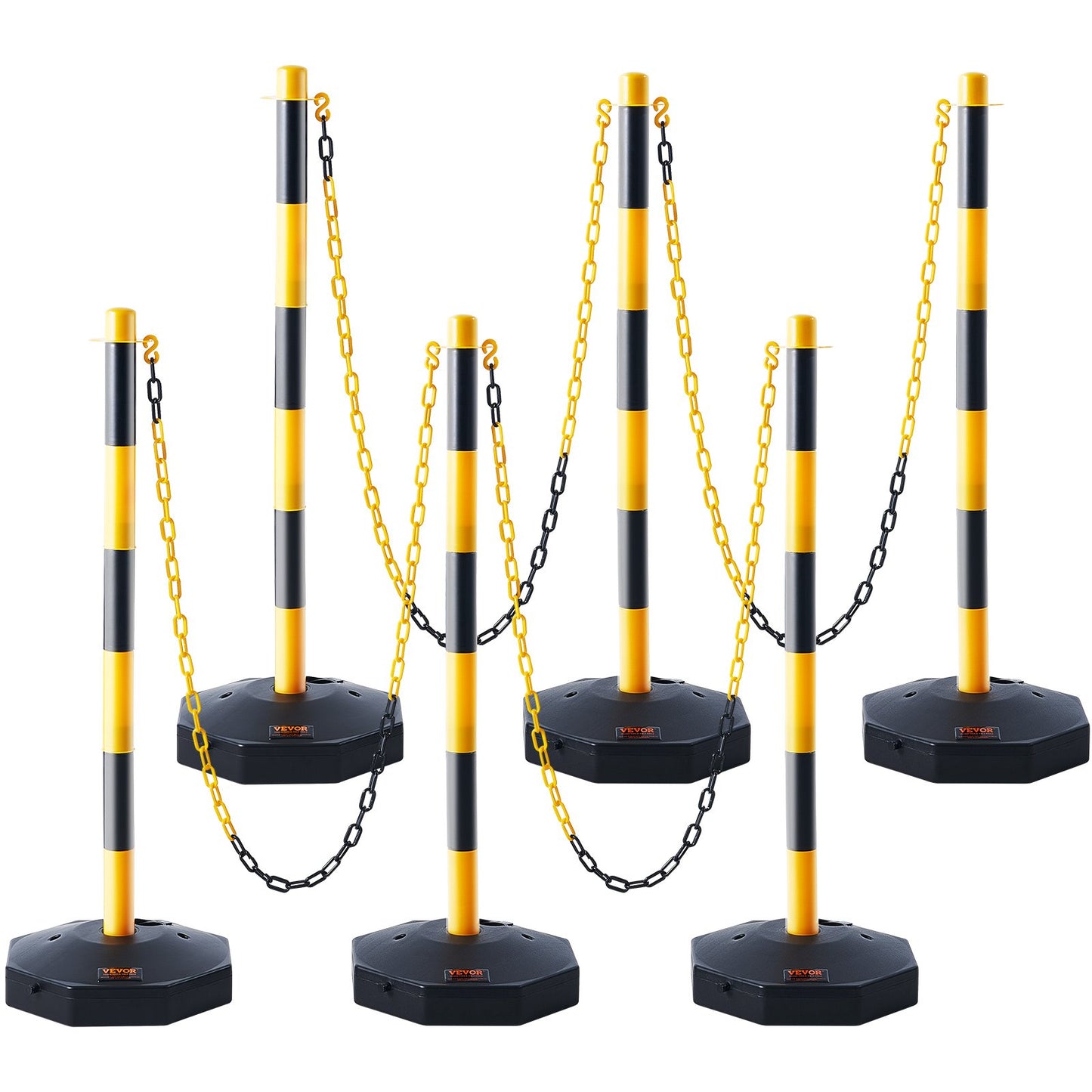 Adjustable Traffic Delineator Post Cones, 6-Pack, Traffic Safety Delineator Barrier with Fillable Base 8FT Chain, for Traffic Control Warning Parking Lot Construction Warning Roads, Yellow&amp;Black