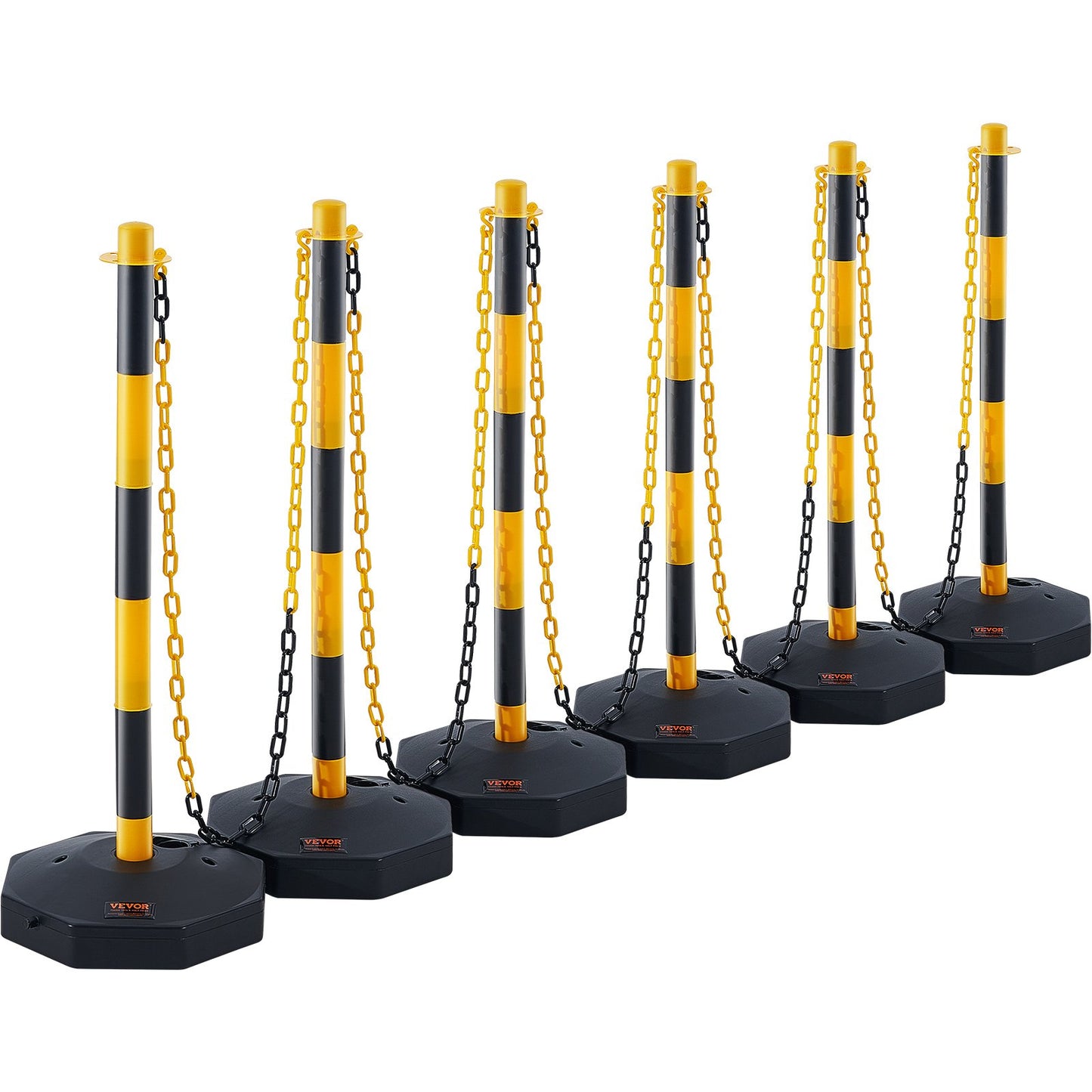 Adjustable Traffic Delineator Post Cones, 6-Pack, Traffic Safety Delineator Barrier with Fillable Base 8FT Chain, for Traffic Control Warning Parking Lot Construction Warning Roads, Yellow&amp;Black