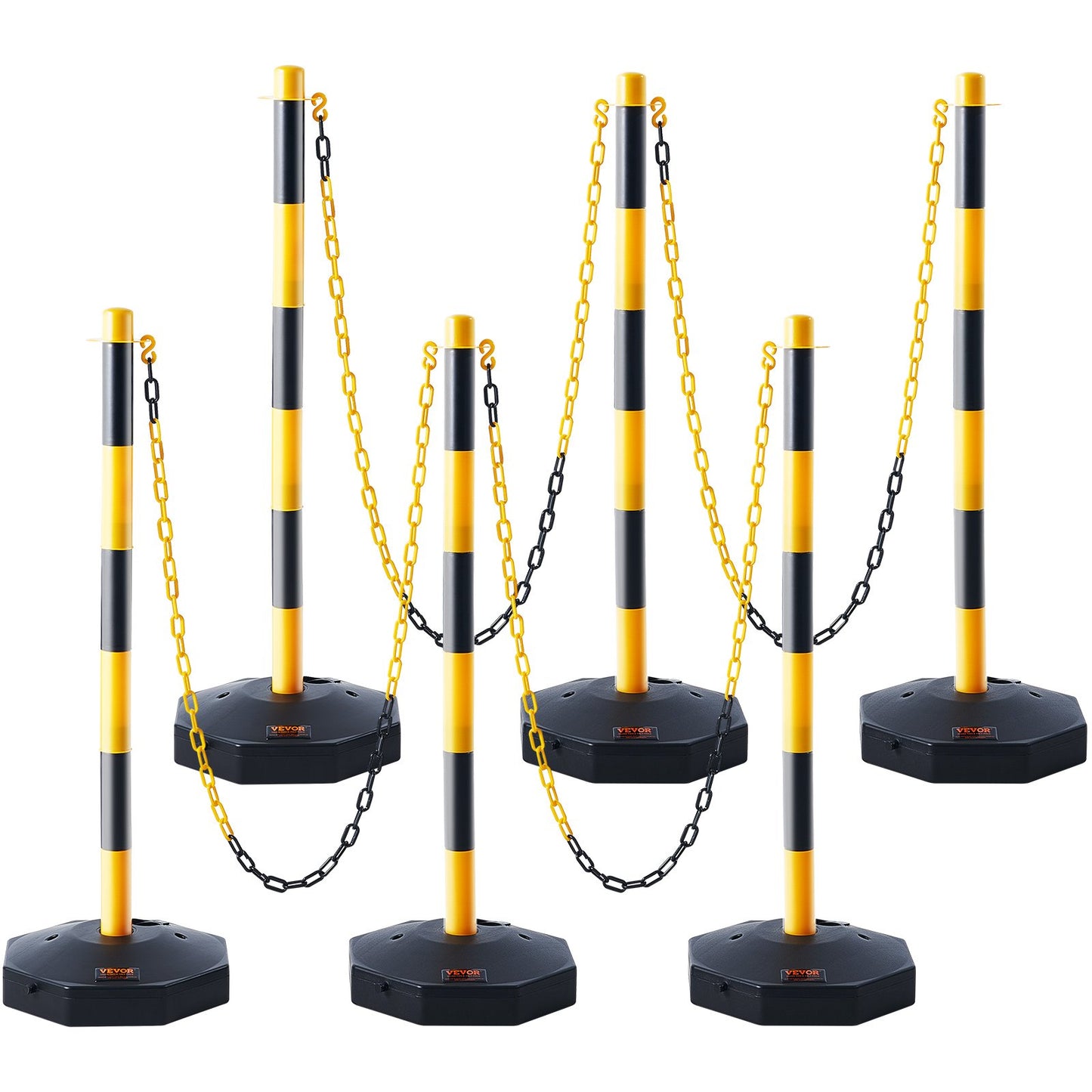 Adjustable Traffic Delineator Post Cones, 6-Pack, Traffic Safety Delineator Barrier with Fillable Base 8FT Chain, for Traffic Control Warning Parking Lot Construction Warning Roads, Yellow&amp;Black