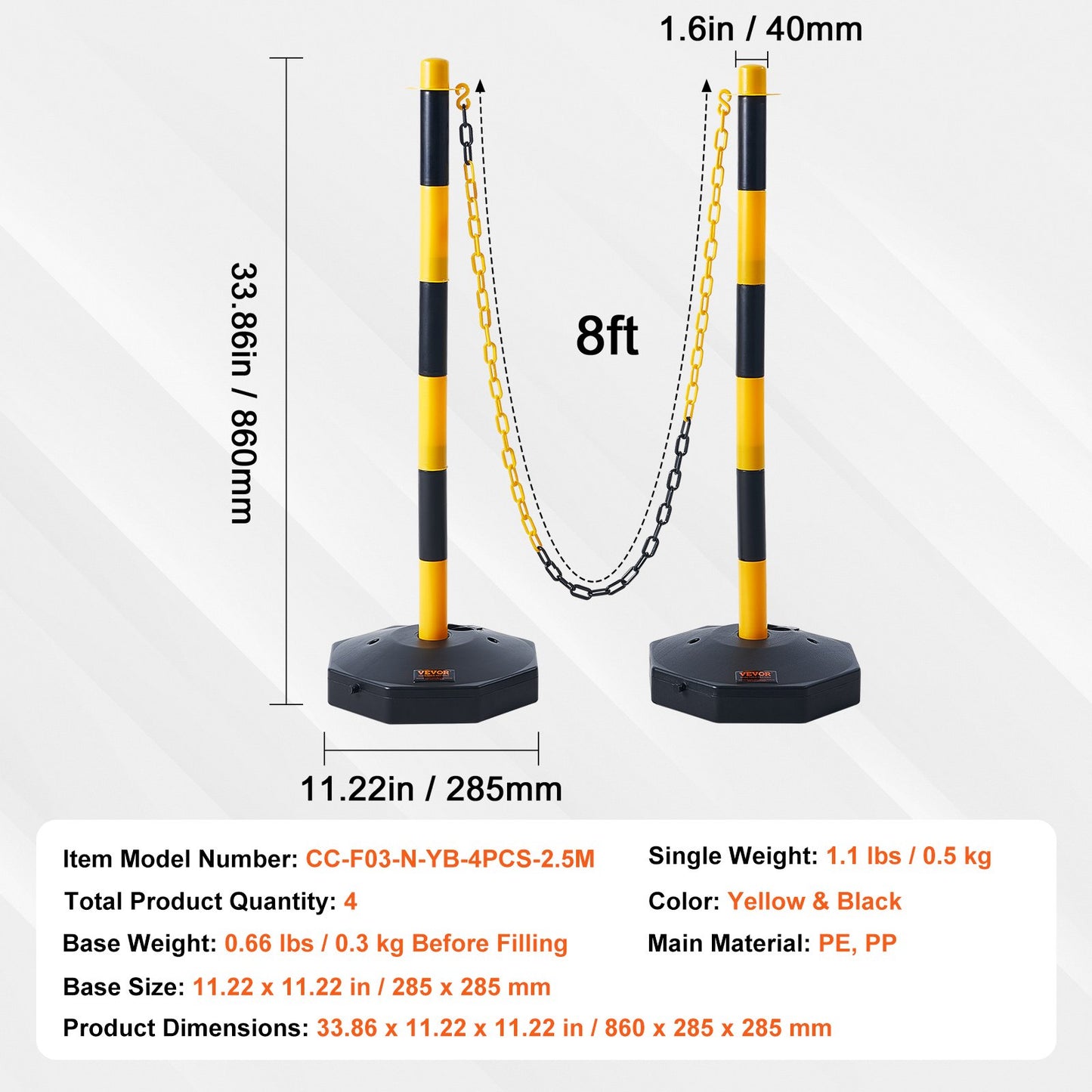 Adjustable Traffic Delineator Post Cones, 4-Pack, Traffic Safety Delineator Barrier with Fillable Base 8FT Chain, for Traffic Control Warning Parking Lot Construction Warning Roads, Yellow&amp;Black