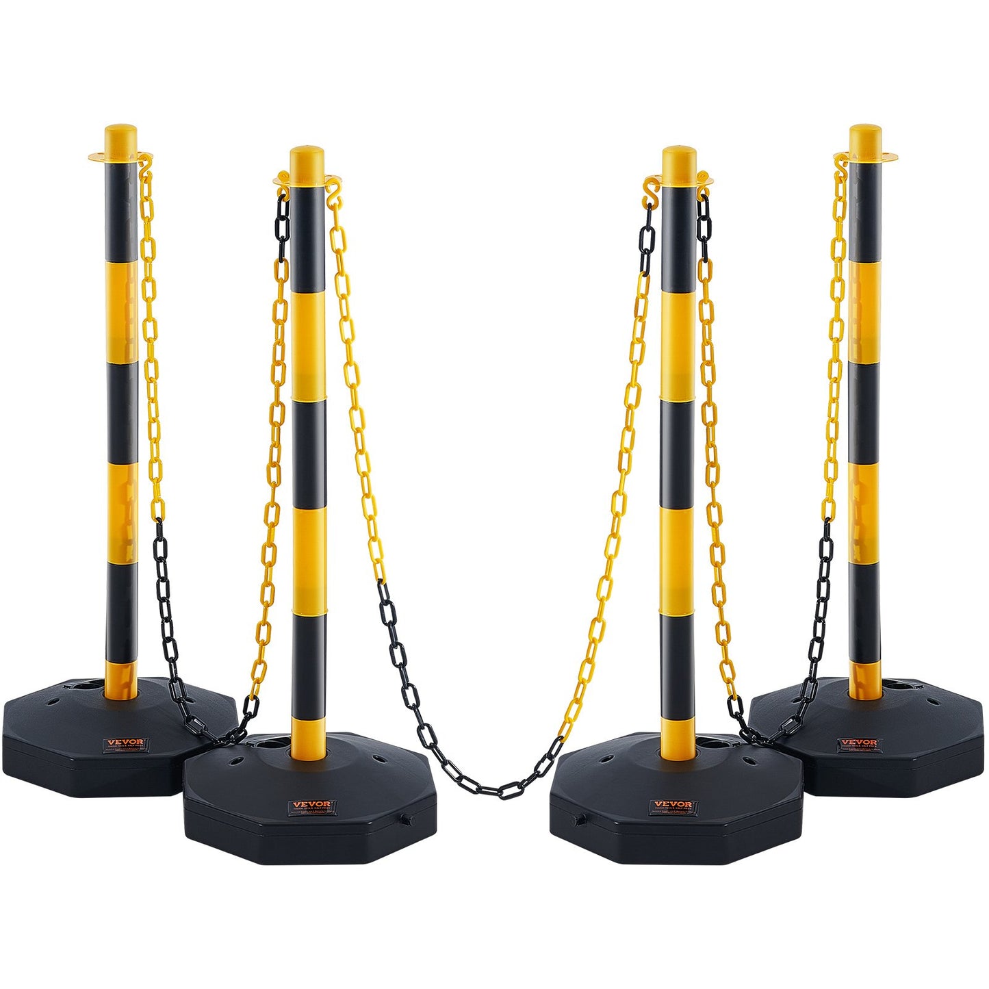 Adjustable Traffic Delineator Post Cones, 4-Pack, Traffic Safety Delineator Barrier with Fillable Base 8FT Chain, for Traffic Control Warning Parking Lot Construction Warning Roads, Yellow&amp;Black