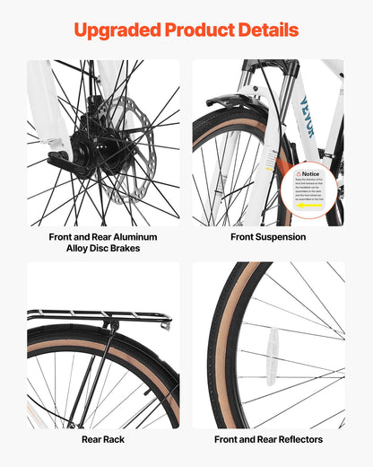 Hybrid Bike, Lightweight Aluminum Frame Bike, 700c Wheel Men Women Hybrid Bicycle, Step-Over Adult Urban City Commuter Bikes, with 24-Speed Shimano Drivetrain, Alloy Adjustable Stem, Dual Brakes