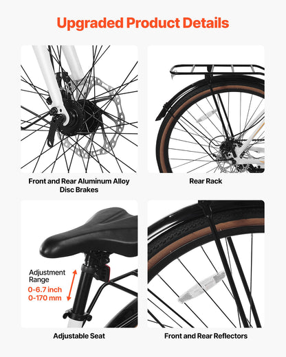 Hybrid Bike, Lightweight Aluminum Frame Bike, 700c Wheel Men Women Hybrid Bicycle, Step-Over Adult Urban City Commuter Bikes, with 24-Speed Shimano Drivetrain, Alloy Adjustable Stem, Dual Brakes
