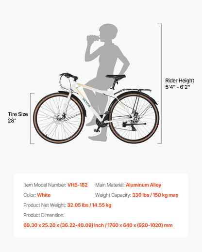 Hybrid Bike, Lightweight Aluminum Frame Bike, 700c Wheel Men Women Hybrid Bicycle, Step-Over Adult Urban City Commuter Bikes, with 24-Speed Shimano Drivetrain, Alloy Adjustable Stem, Dual Brakes