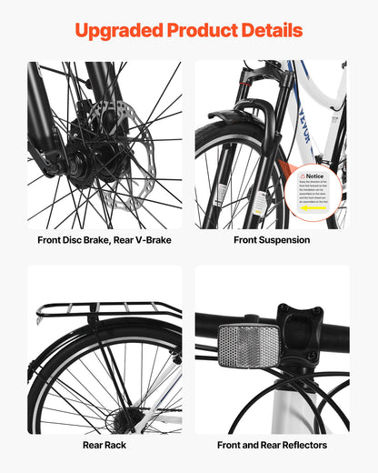 Hybrid Bike, Lightweight Aluminum Frame Bike, 700c Wheel Men and Women Hybrid Bicycle, Step-Through Adult Urban City Commuter Bikes, 21-Speed Shimano Drivetrain, Dual Brakes, Front Suspension